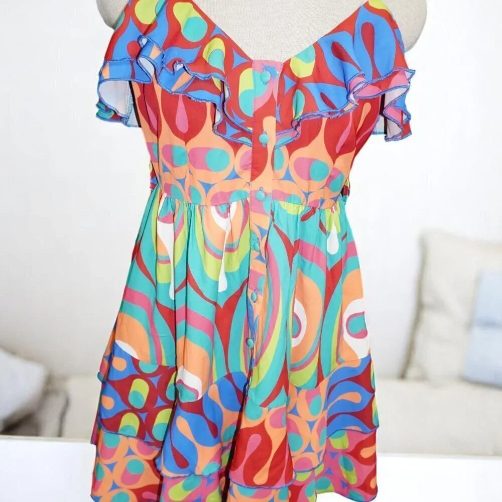 Vintage Psychedelic Ruffle Mini Dress Y2K Festival Rave Coachella S